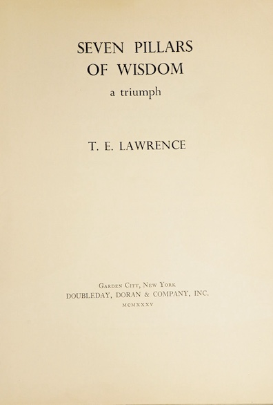 Lawrence, T.E. - Seven Pillars of Wisdom: a triumph. 1st US. trade edition. num. plates (many are portraits by Kennington and others), 6 text illus. and 4 maps (outline colour); publisher's gilt cloth and d/wrapper, roy.